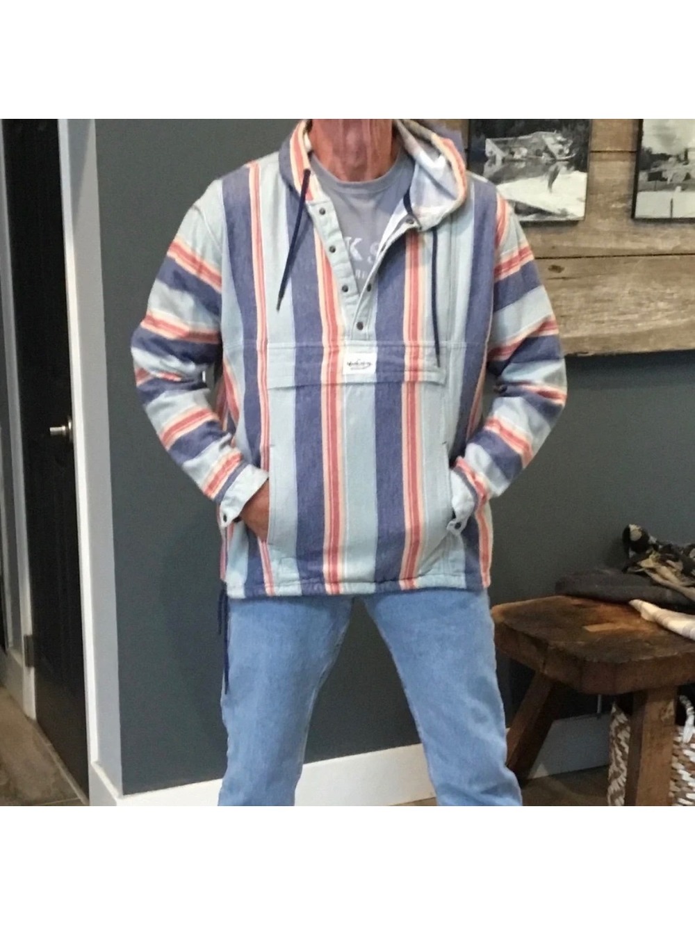 QUICKSILVER Striped COTTON Baja Pullover Hoodie Men’s Large BAJA SURF SKATER